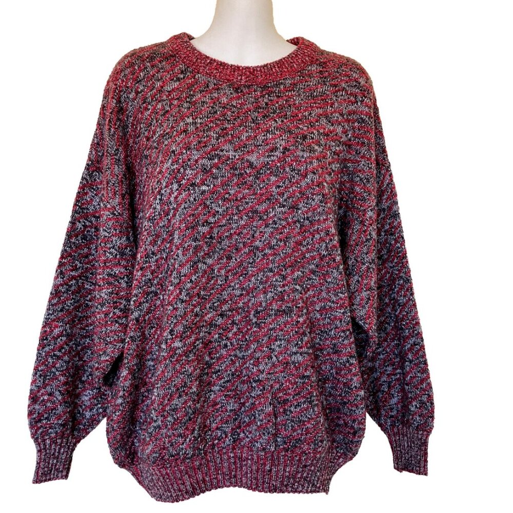 Vintage Pullover Knit Sweater Red/Grey Abstract Pattern Acrylic Asphalt 90s